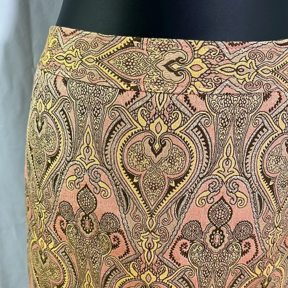 Talbots Pink Yellow & Metallic Gold Jacquard Print Silk Blend Pencil Skirt